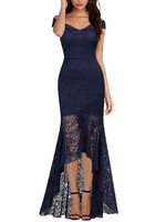 Lace Kleider Dark Navy Bateau-Ausschnitt mit kurzen Ärmeln Asymmetrische Spitze Retro-Kleider