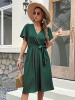 Lace Up Tatting Klassisches Midikleid mit V-Ausschnitt und kurzen Ärmeln