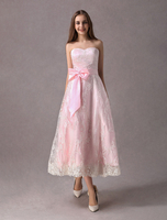 Lace Wedding Dresses Kurze weiche rosa trägerlosen Sweetheart Ausschnitt Bow Sash Tee Länge Abendkleid
