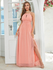 Lachsfarbenes Ballkleid Neckholder-Ausschnitt hoher Schlitz elegante Maxikleider