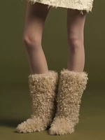 Lammwolle Ecru Weiß Runde Zehen Welpenabsatz Halbhohe Stiefel für Damen Stiefel