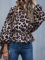 Langarm Bluse Leopardenmuster Brown Jewel Neck Casual Peplum Casual Shirts