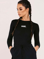 Langarm Bodysuit Black Jewel Neck Letters Print Lässiges Top für Frauen