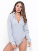 Langarm Bodysuit Hellgrau Kapuze Ausschnitt Kordelzug Stretch Sexy Polyester Top Für Frauen