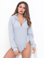 Langarm Bodysuit Hellgrau Kapuze Ausschnitt Kordelzug Stretch Sexy Polyester Top Für Frauen
