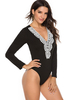 Langarm Bodysuit Schwarze Spitze V-Ausschnitt Casual Top für Frauen