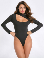 Langarm Bodysuit Schwarze Träger Halsausschnitt Stretch Sexy Polyester Top Für Frauen