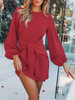 Langarm-Minikleid Rundhals verknotet Solid Color Herbst Kleid