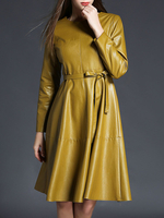 Langarm Partykleid Rundhalsausschnitt PU-Leder-Midikleid