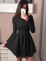 Langarm Skater Kleider Bateau Neck Plissee Layered Flared Kleid