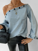 Langarm T-Shirts Baby Blue Denim Asymmetrische Paspelknöpfe Bateau Neck Frauen T-Shirt