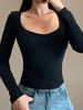 Langarm T-Shirts Black Square Neck Strick Frauen T-Shirt