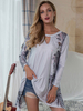 Langarm T-Shirts Grau Blumendruck Jewel Neck Unregelmäßiges Casual T Shirt