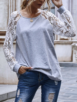 Langarm T-Shirts grau Polyester Spitze ausgeschnitten Jewel Neck Frauen T-Shirt