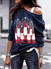Langarm T-Shirts Grau Polyester Weihnachtsmuster Asymmetrischer Hals Frauen T-Shirt