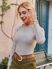 Langarm-T-Shirts Hellgrau Polyester Stretch-Knöpfe Jewel Neck T-Shirt für Damen