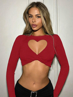 Langarm-T-Shirts rotes ausgeschnittenes T-Shirt aus Polyester für Damen mit Rundhalsausschnitt