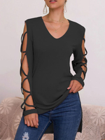 Langarm T-Shirts Schwarz Polyester Offene Schulter Ausgeschnitten V-Ausschnitt Frauen T-Shirt