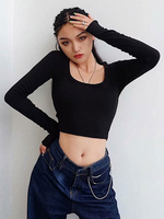 Langarm T-Shirts schwarz U-Ausschnitt Frauen Crop Top