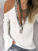 Langarm T-Shirts Weißes Polyester V-Ausschnitt Frauen T-Shirt