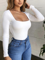 Langarm T-Shirts White Square Neck Baumwolle T-Shirts für Frauen
