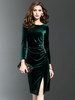Langarm Velour Kleid Frauen Midi Kleid Rundhals Split Shaping Herbst Kleid