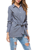 Langarmhemden Grau Turndown-Kragen Langarm-Streifen Schnürung Casual Top