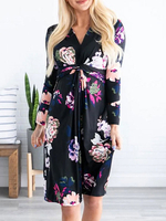 Langarmkleid V-Ausschnitt Strandkleid aus Baumwolle mit Blumenmuster