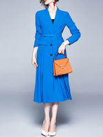 Lange Blazer-Mäntel Schwarzer Turndown-Kragen Langärmlige Knöpfe Maxikleid mit Gürtel