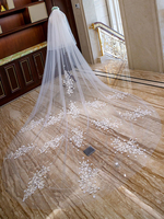 Lange Hochzeit Schleier Spitze Blumen Applique Elfenbein Schnittkante Kathedrale Brautschleier