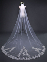 Lange Hochzeit Schleier Wasserfall Spitze Applique Ecru Weiß One Tier Tüll Kathedrale Brautschleier