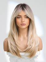 Lange Perücke für Damen Hellgold mit Pony hitzebeständige fasergeschichtete lange Kunsthaarperücken