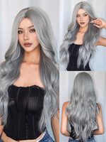 Lange Perücke für Damen hellgrau gekräuselte Locken hitzebeständige Faser moderne zerzauste lange Kunsthaarperücken