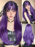 Lange Perücke für Damen lila stumpfe Fransen hitzebeständige Faser bequem geschichtet lange synthetische Perücken