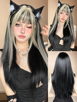 Lange Perücke für Damen schwarzer stumpfer Pony hitzebeständige Faser informelle geschichtete lange synthetische Perücken