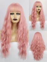 Lange Perücke für Frau Pink mit Pony Fransen Rayon Chic Tousled Lange synthetische Perücken