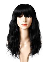 Lange Perücke für Frau Schwarze stumpfe Fransen Hitzebeständige Faser Chic Tousled Medium Synthetic Perücken