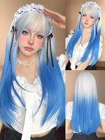 Lange Perücke für Frauen hellhimmelblau stumpfer Pony hitzebeständige Faser akademisches Highlighting-Haar lange synthetische Perücken