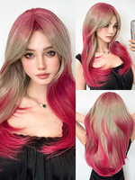 Lange Perücke für Frauen in Lachsfarbe glatt hitzebeständige Faser schicke geschichtete lange Kunsthaarperücken