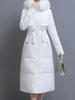 Lange Puffermäntel für Frauen Weiß mit Kapuze Kunstpelzkragen Lange Ärmel Polyester Baumwolle Winteroberbekleidung