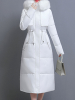 Lange Puffermäntel für Frauen Weiß mit Kapuze Kunstpelzkragen Lange Ärmel Polyester Baumwolle Winteroberbekleidung