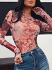 Lange Ärmel Bodysuit Dunkelrot Crewneck Sheer Blumendruck beiläufige Polyester Top für Frauen