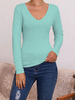 Lange Ärmel Tees Grün mit V-Ausschnitt T-Shirt für Damen
