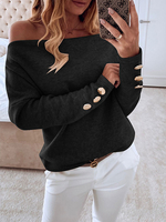 Lange Ärmel Tees schwarz Buttons weg von der Schulter Bardot Tops