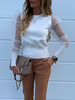 Lange Ärmel Tees White Jewel Neck Tüll Frauen T-Shirt