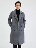 Lange Wollmäntel für Herren mit Umlegekragen und Revers bequemer grauer Zweireiher-Mantel