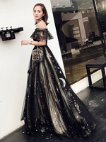 Langes Abschlussballkleid Schnüren Sie sich von den Schultern ab. Stars Moon Tulle Maxi Formelles Partykleid