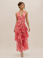 Langes Kleid mit Blumenmuster Rüschen tiefem V-Ausschnitt und offenem Rücken 2025