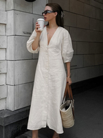 Langes Kleid mit halben Ärmeln und V-Ausschnitt für Damen 2025