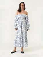 Langes Kleid mit Print Puffärmeln und schulterfreiem Schnitt 2025